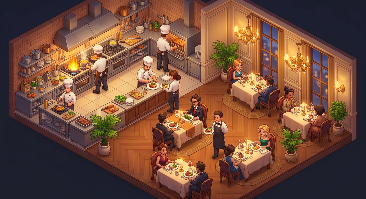 Restaurant kitchen and dining room